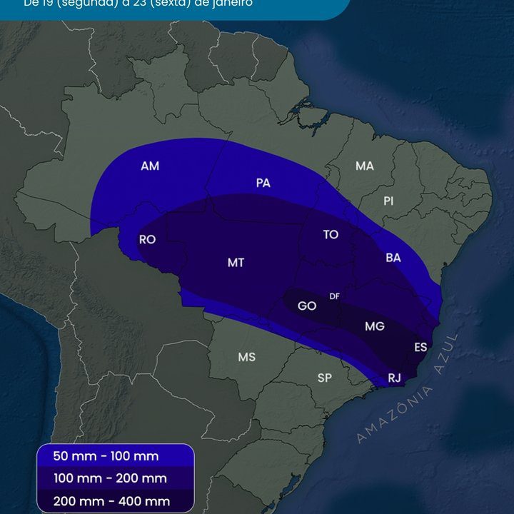 Mapa de previsão de chuva no Brasil de 19 a 23 de janeiro, com destaque para o Rio de Janeiro.