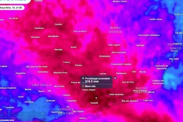 Mapa de previsão de chuva no Sudeste do Brasil, com destaque para áreas de alta precipitação no Rio de Janeiro e região.