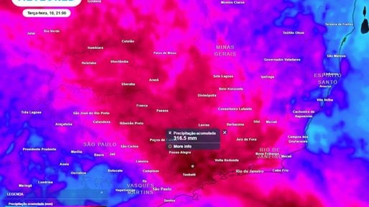 Mapa de previsão de chuva no Sudeste do Brasil, com destaque para áreas de alta precipitação no Rio de Janeiro e região.