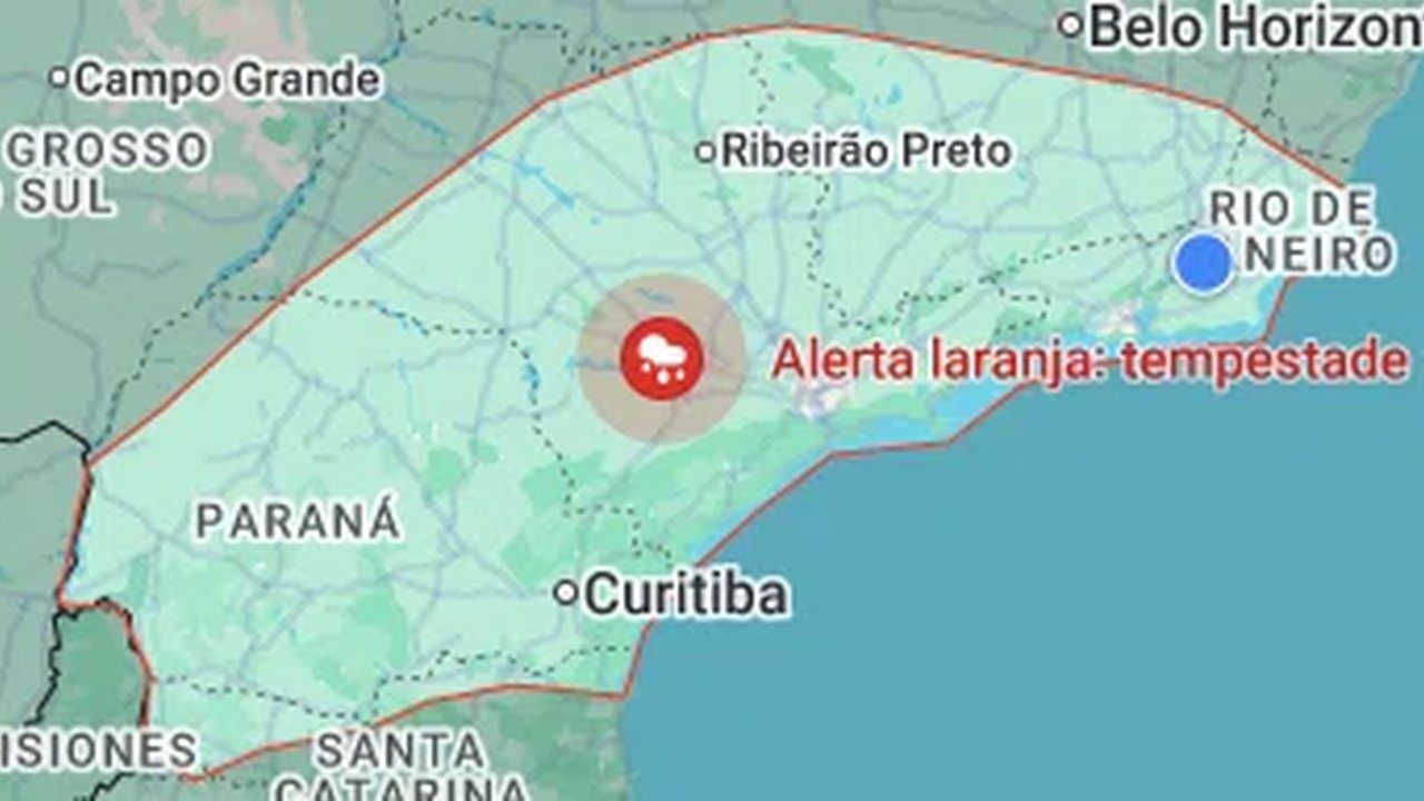 Mapa de previsão do tempo: Alerta laranja de tempestade no Sudeste do Brasil, incluindo Rio de Janeiro.
