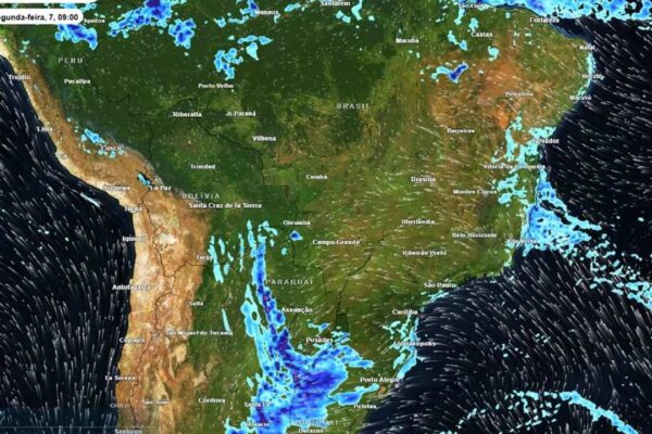 Mapa de previsão do tempo com indicações de chuva e ventos sobre a América do Sul, mostrando instabilidade no Rio de Janeiro.