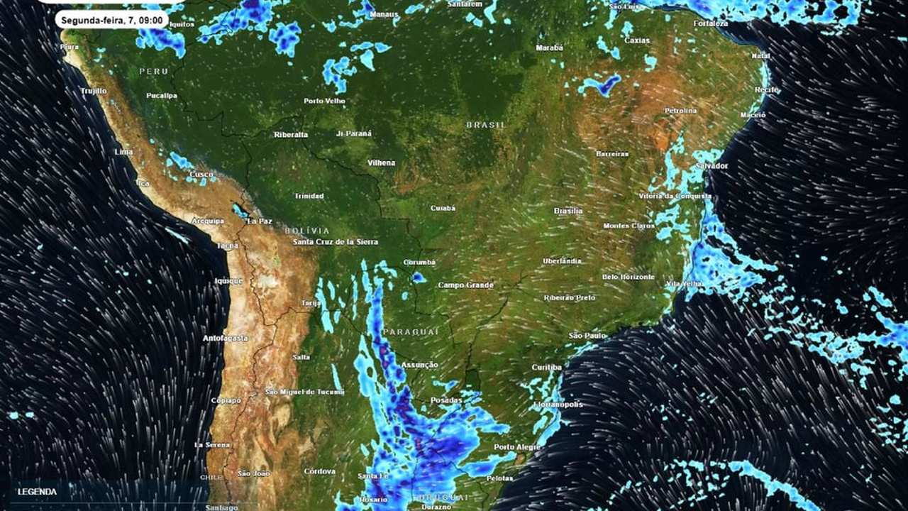 Mapa de previsão do tempo com indicações de chuva e ventos sobre a América do Sul, mostrando instabilidade no Rio de Janeiro.