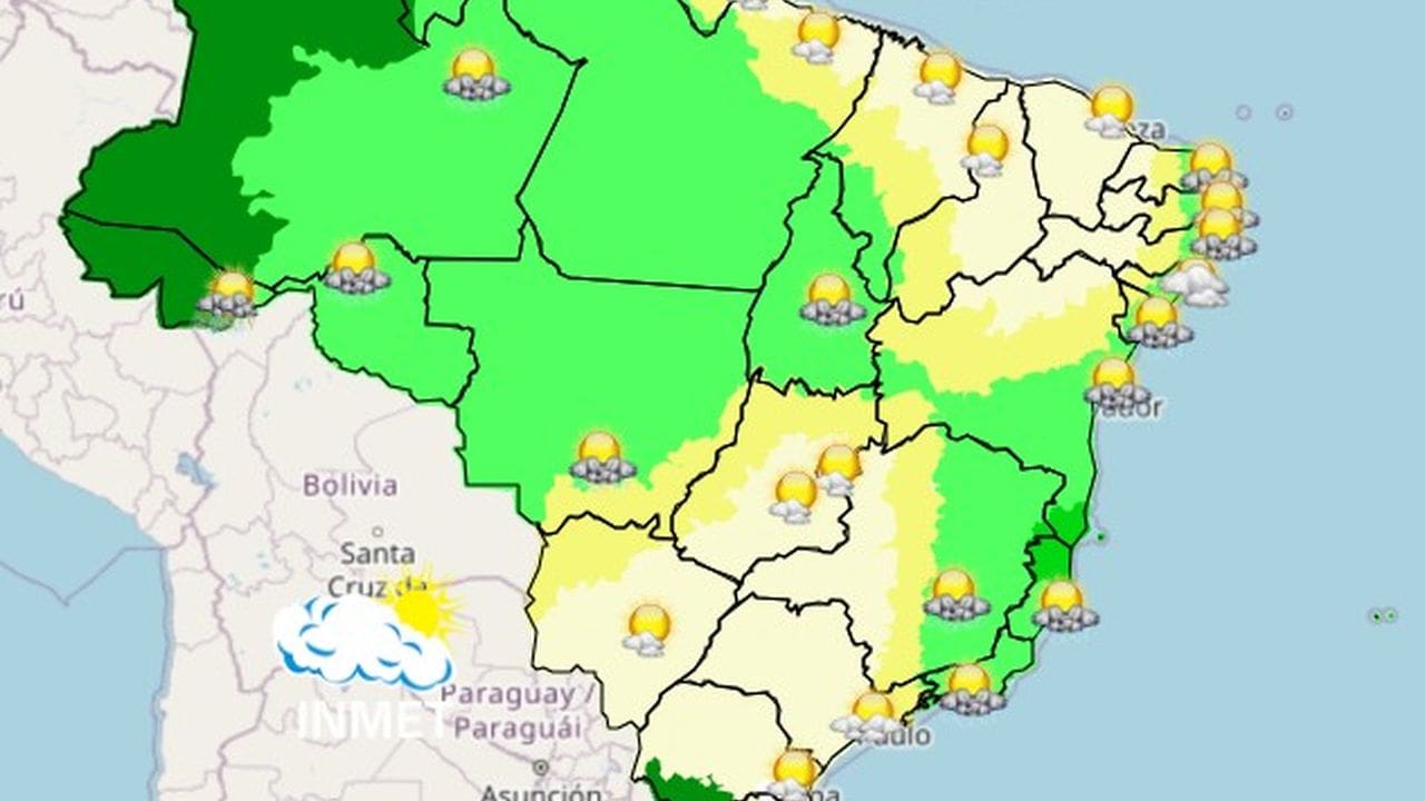 Mapa de previsão do tempo no Brasil, com áreas de sol e chuva.