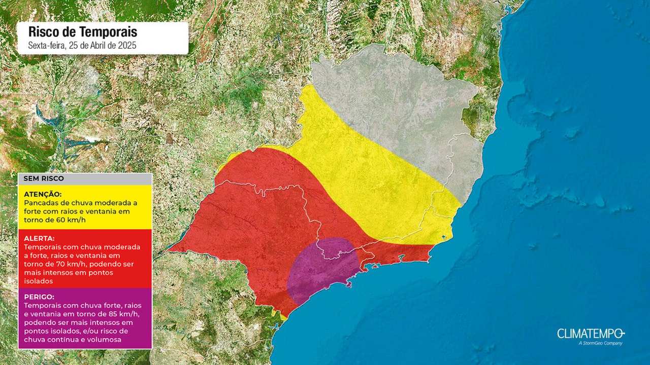 Mapa de risco de temporais no Brasil em 25 de abril de 2025, com áreas de atenção, alerta e perigo.