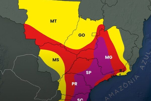 Mapa de risco meteorológico no Brasil: áreas em alerta para ventos e chuva.