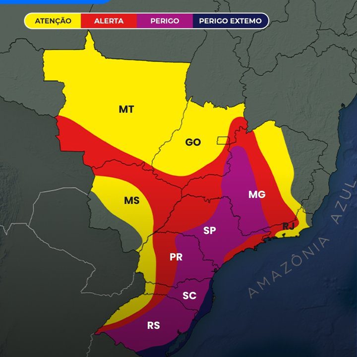 Mapa de risco meteorológico no Brasil: áreas em alerta para ventos e chuva.