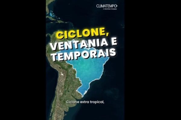 Mapa do Brasil com alerta sobre ciclone, ventania e temporais.