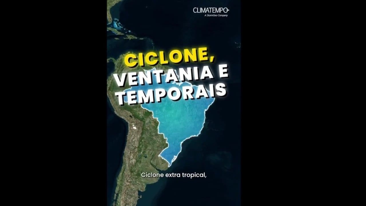 Mapa do Brasil com alerta sobre ciclone, ventania e temporais.