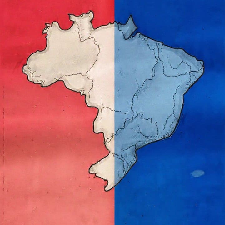 Mapa do Brasil dividido: esquerda (vermelho) vs. direita (azul).