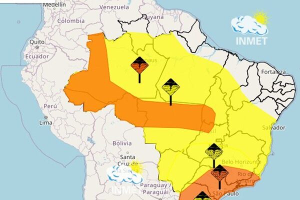 Mapa do INMET com alertas de tempestade para diversas regiões do Brasil, incluindo o Rio de Janeiro.