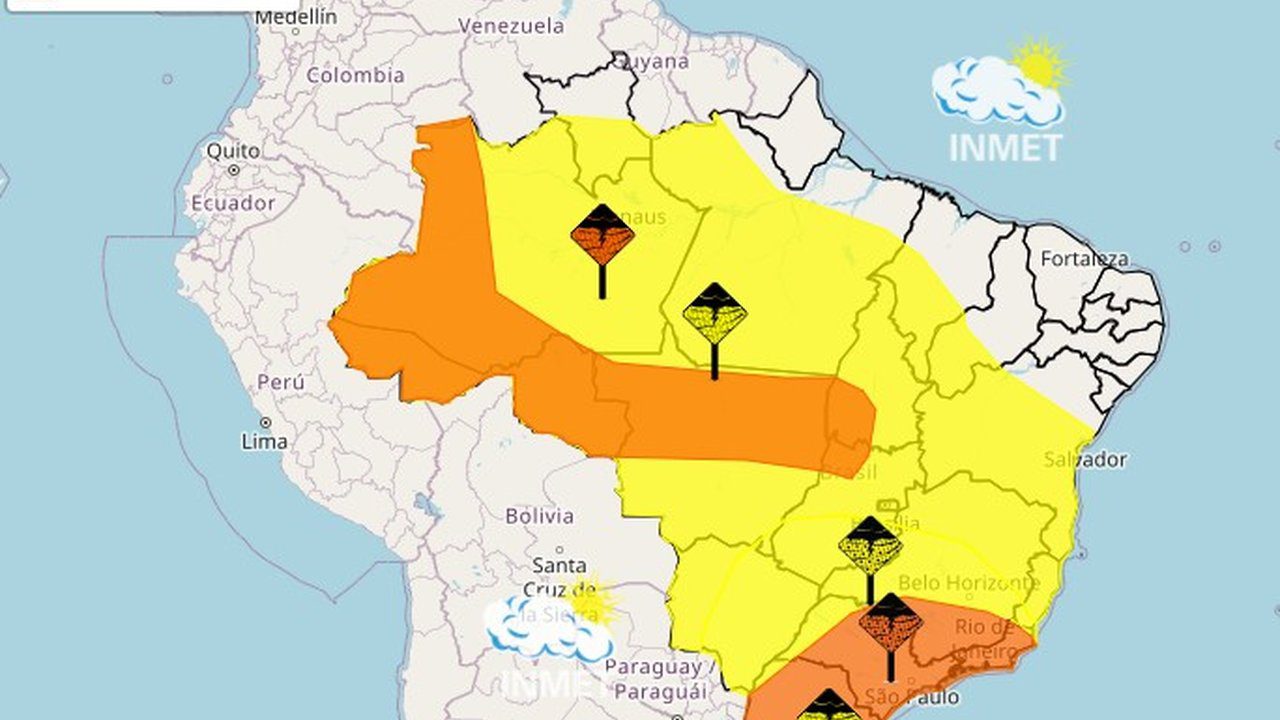 Mapa do INMET com alertas de tempestade para diversas regiões do Brasil, incluindo o Rio de Janeiro.