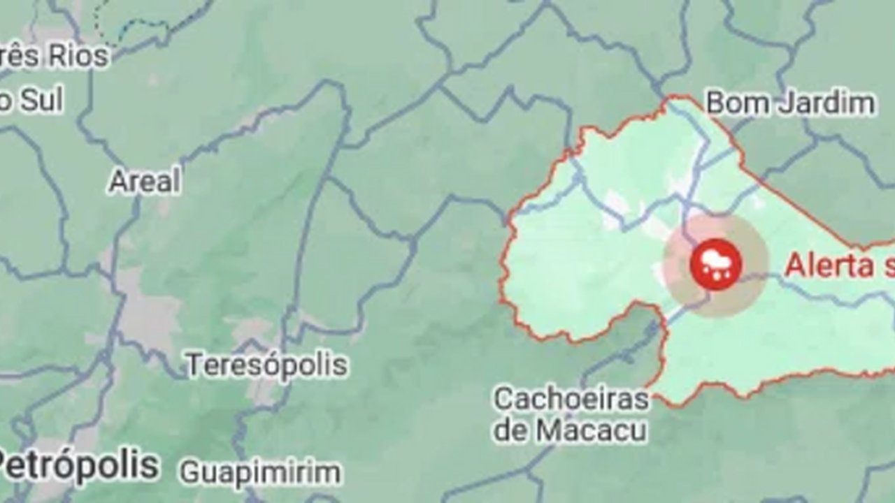 Mapa do Rio de Janeiro com alerta de chuva e temperaturas elevadas.