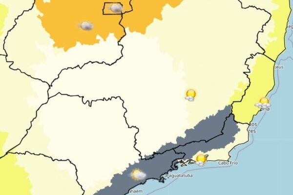 Mapa do tempo no Rio de Janeiro com céu ensolarado em algumas áreas e indícios de chuva.