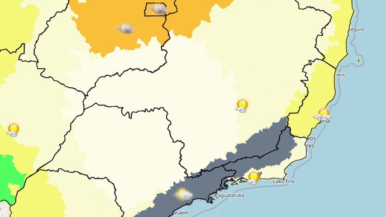 Mapa do tempo no Rio de Janeiro com céu ensolarado em algumas áreas e indícios de chuva.