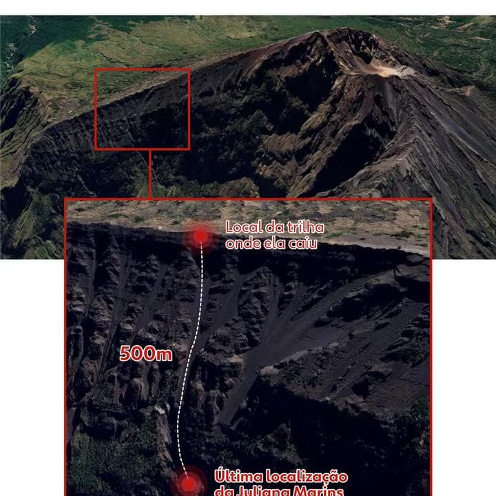 Mapa mostra a rota de queda de Juliana Marins em vulcão na Indonésia