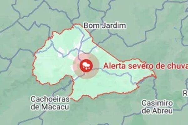 Mapa mostrando alerta de chuva severa no estado do Rio de Janeiro, Brasil.
