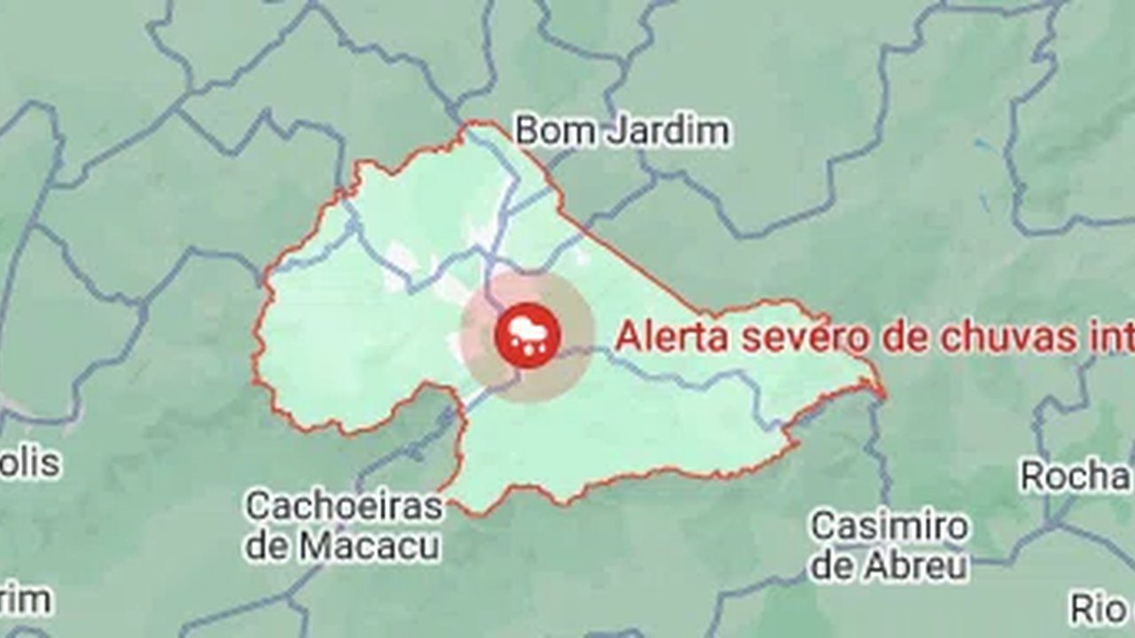 Mapa mostrando alerta de chuva severa no estado do Rio de Janeiro, Brasil.