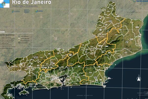 Mapa político-administrativo do Rio de Janeiro, com destaque para regiões e divisões.