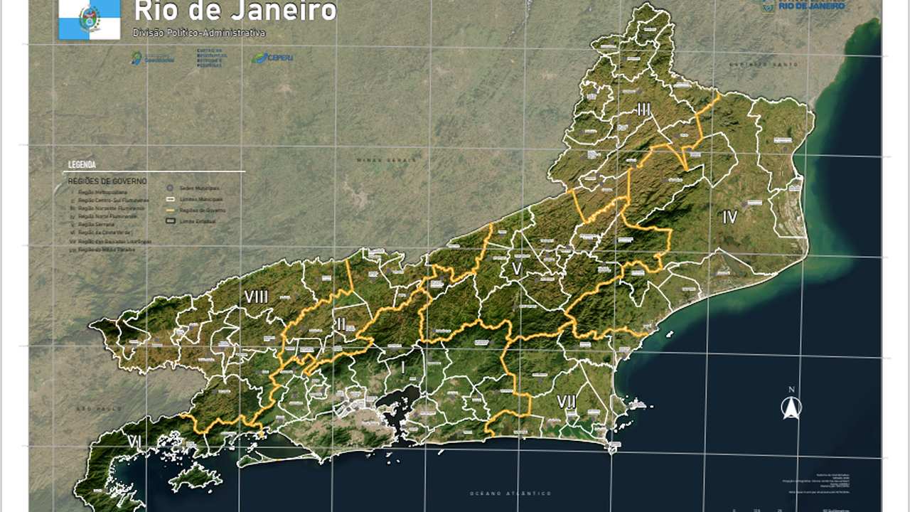 Mapa político-administrativo do Rio de Janeiro, com destaque para regiões e divisões.