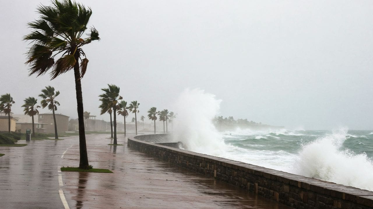 Mar revolto com ondas quebrando na costa, com coqueiros e céu cinzento.