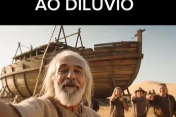 Meme de Noé tirando selfie em frente à arca, recriado com IA.