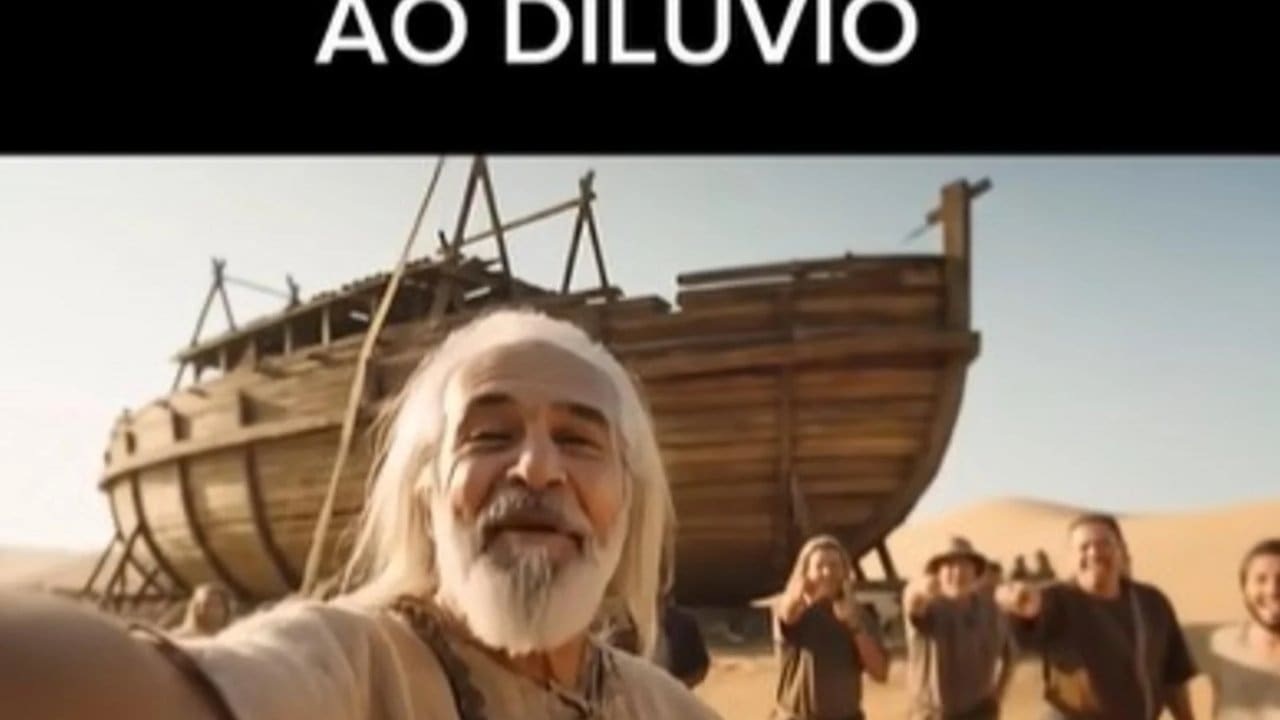 Meme de Noé tirando selfie em frente à arca, recriado com IA.