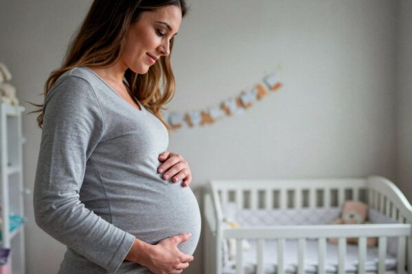 Mulher grávida sorrindo em um quarto de bebê, segurando a barriga