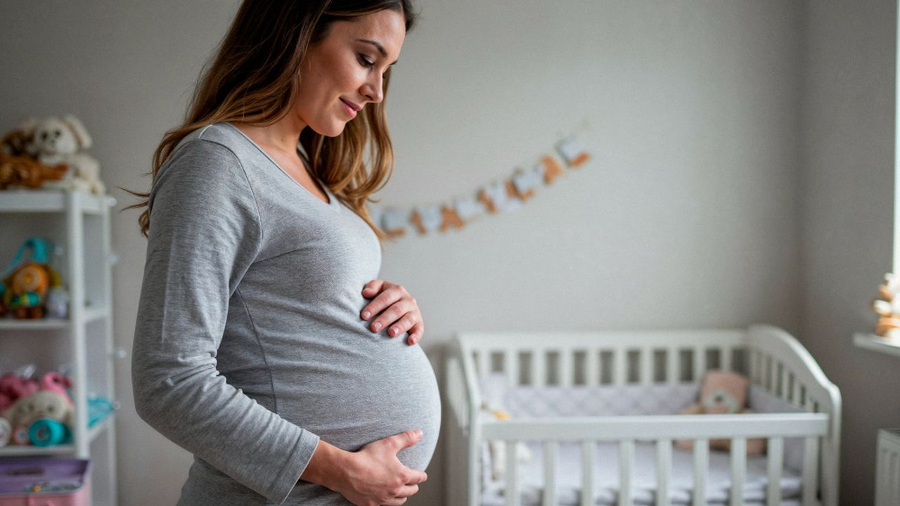 Mulher grávida sorrindo em um quarto de bebê, segurando a barriga