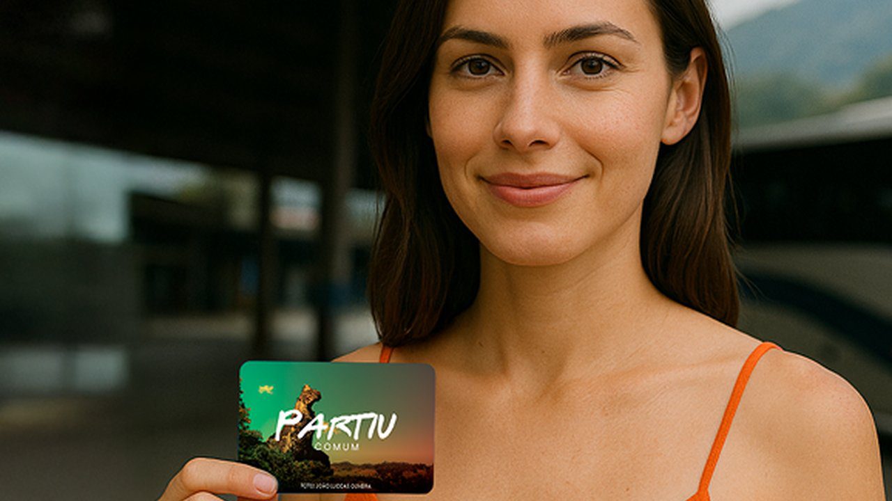 Mulher sorrindo segura cartão Partiu Comum, sistema de transporte público em Nova Friburgo.