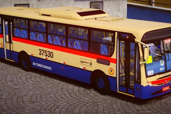 Ônibus urbano amarelo e azul em área externa.