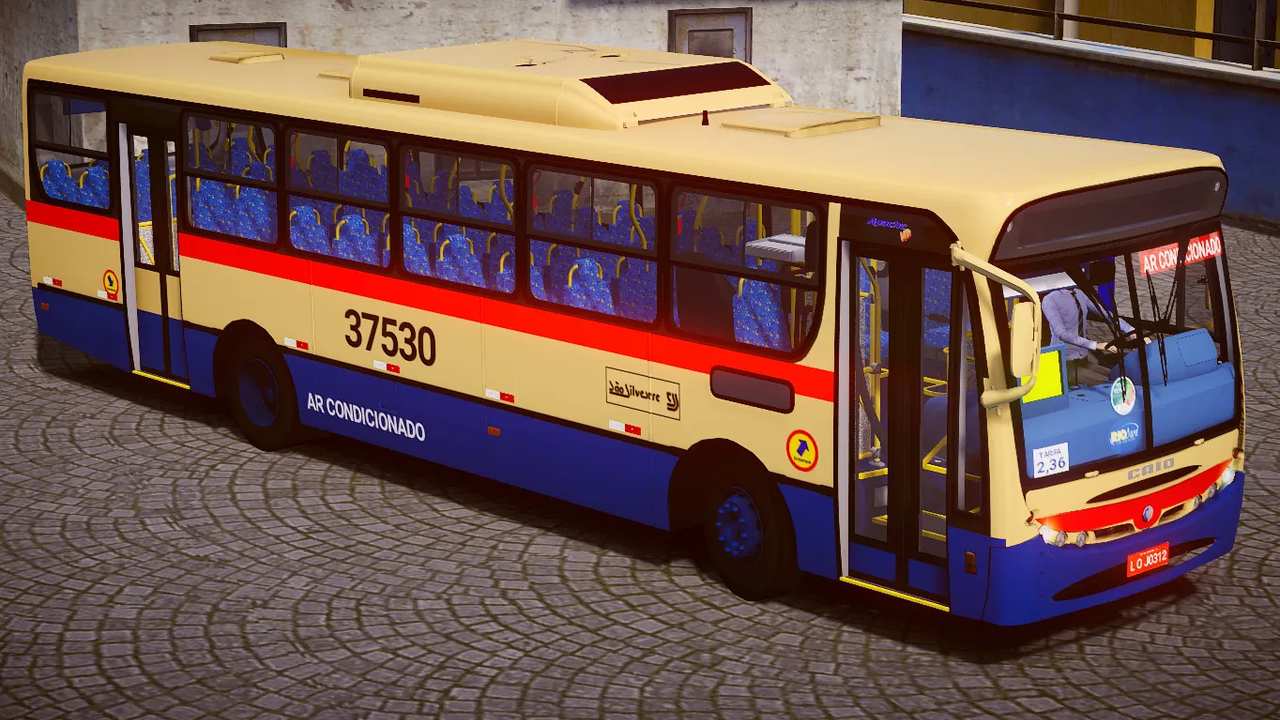 Ônibus urbano amarelo e azul em área externa.