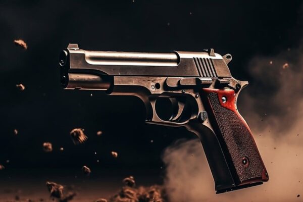 Pistola em destaque com fumaça e detritos no fundo, em alusão a assassinato.