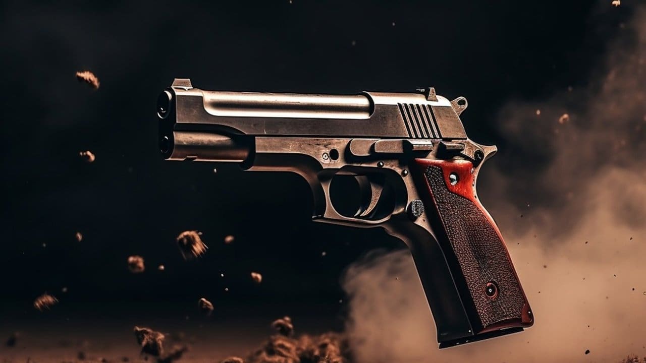 Pistola em destaque com fumaça e detritos no fundo, em alusão a assassinato.