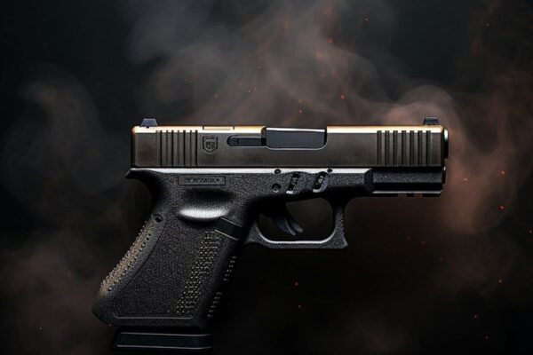 Pistola preta com detalhes dourados, em fundo escuro com fumaça.