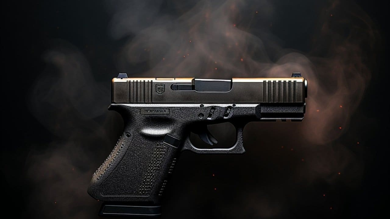 Pistola preta com detalhes dourados, em fundo escuro com fumaça.