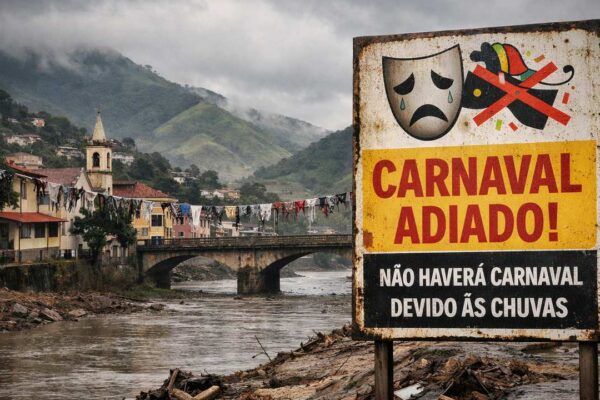 Placa anuncia Carnaval adiado em Cantagalo devido às chuvas, com cenário de cidade afetada.