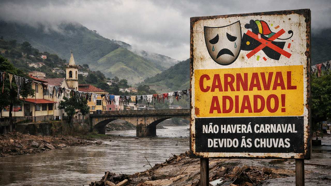Placa anuncia Carnaval adiado em Cantagalo devido às chuvas, com cenário de cidade afetada.