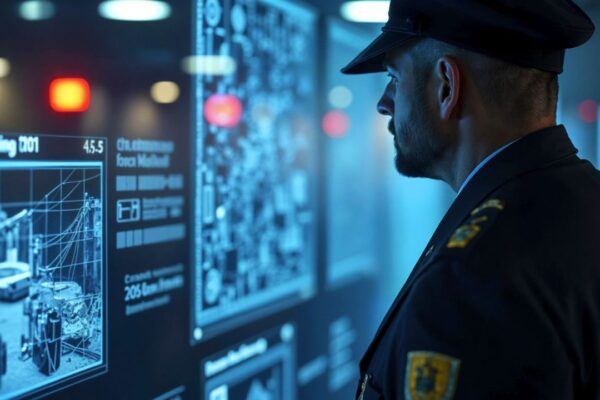 Policial analisa dados em telas de computador em investigação.