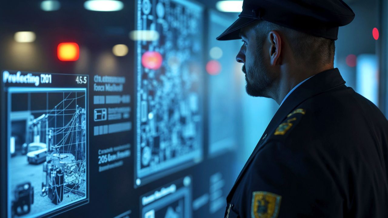 Policial analisa dados em telas de computador em investigação.
