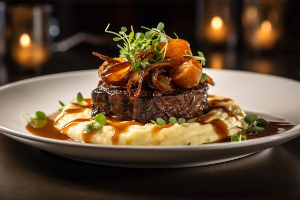 Prato gourmet elegante: filé mignon sobre purê de batata, com molho e guarnição.