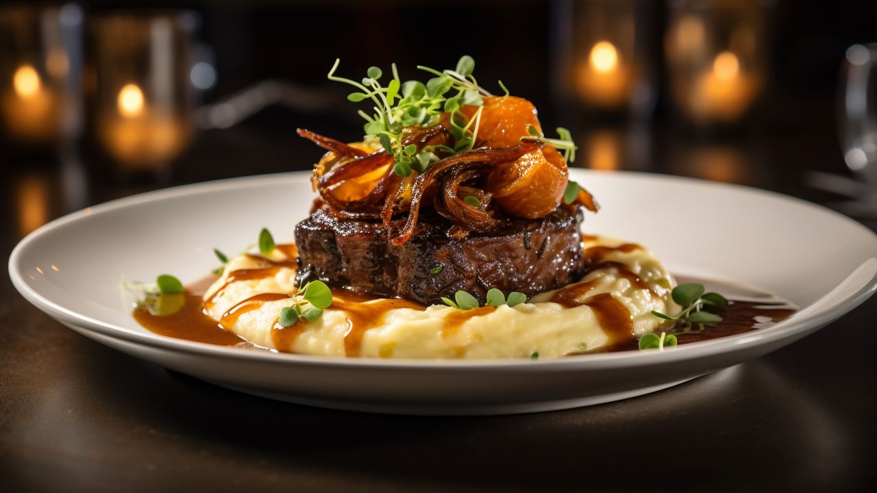 Prato gourmet elegante: filé mignon sobre purê de batata, com molho e guarnição.