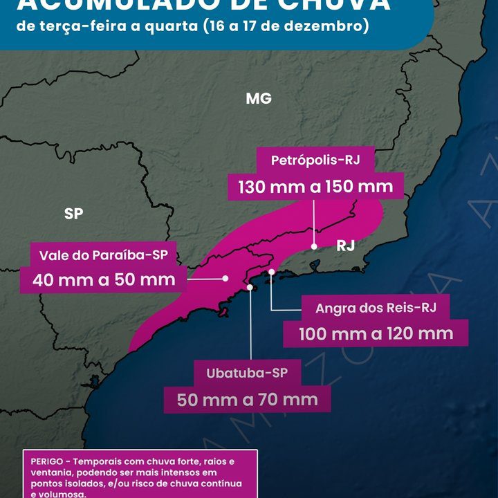 Previsão de chuva: Acumulado de chuva de terça-feira a quarta (16 a 17 de dezembro) no Sudeste