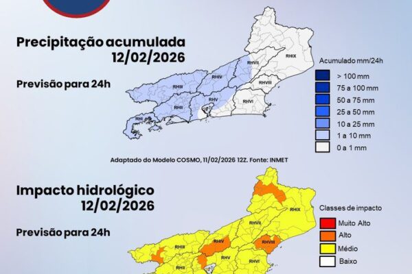 Previsão de chuva e impacto hidrológico no Rio de Janeiro em 12/02/2026