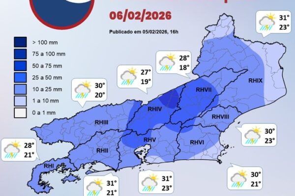 Previsão de chuva para 06/02/2026 no Rio de Janeiro, com informações sobre acumulados e áreas de risco.