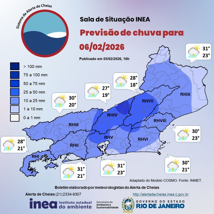 Previsão de chuva para 06/02/2026 no Rio de Janeiro, com informações sobre acumulados e áreas de risco.