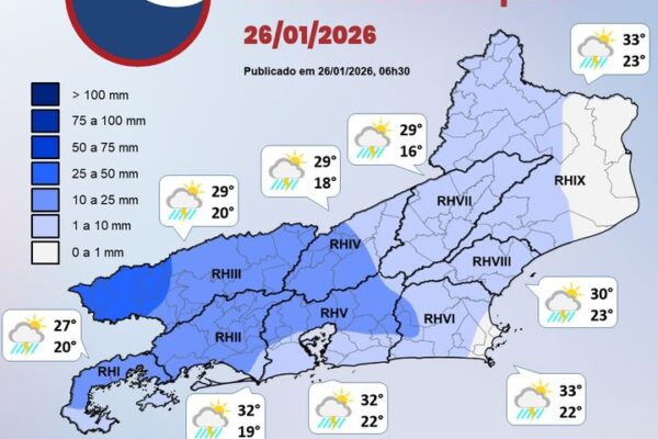 Previsão de chuva para 26/01/2026 no Rio de Janeiro, com destaque para áreas de risco.