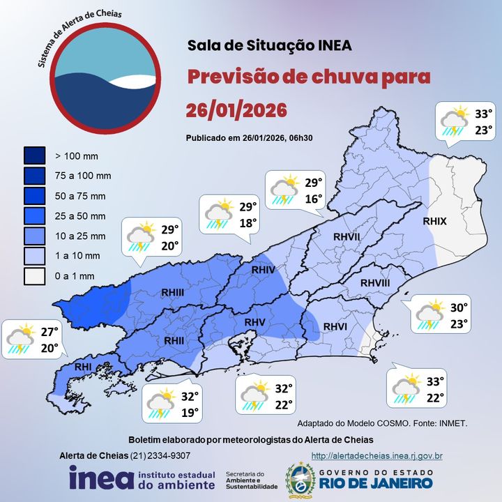 Previsão de chuva para 26/01/2026 no Rio de Janeiro, com destaque para áreas de risco.