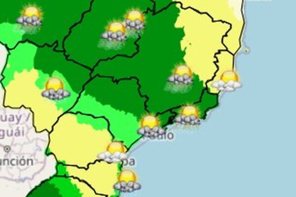 Previsão do tempo: mapa mostra áreas com chuva e trovoadas no Rio de Janeiro e outras regiões.