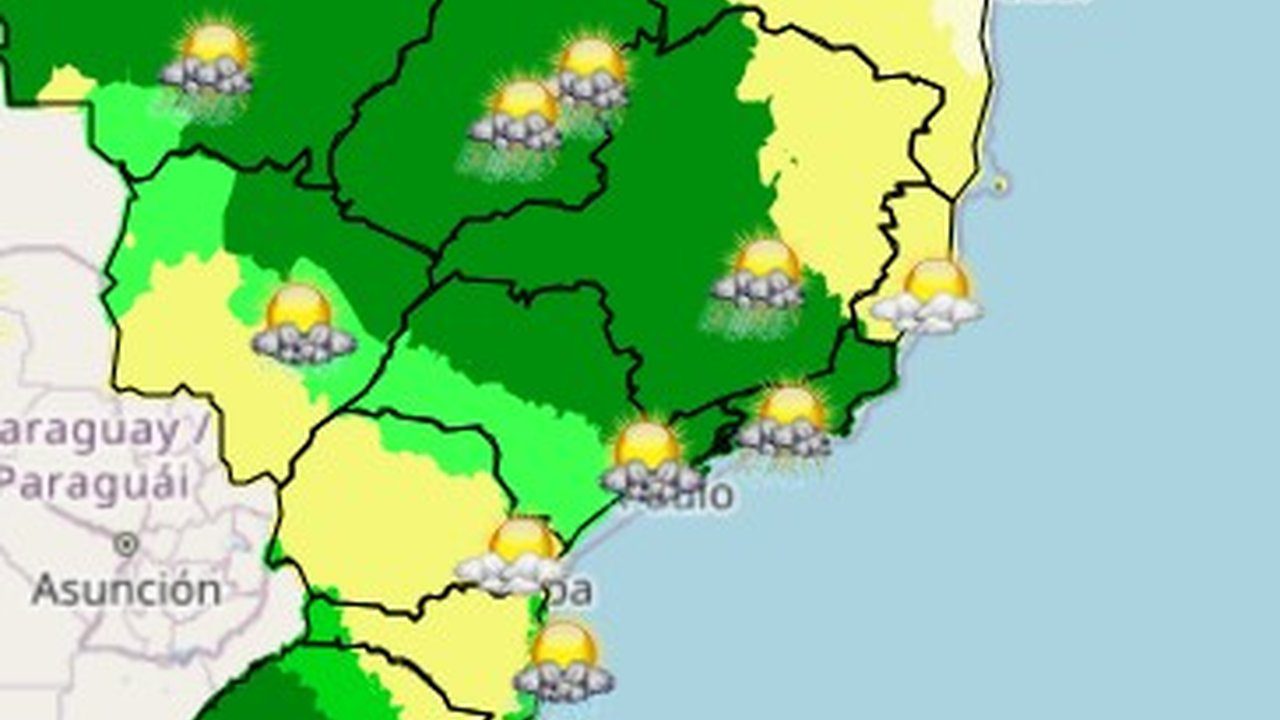 Previsão do tempo: mapa mostra áreas com chuva e trovoadas no Rio de Janeiro e outras regiões.