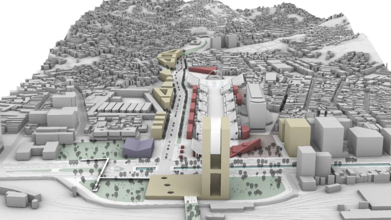 Projeção da requalificação do Sambódromo, após demolição do Elevado 31 de Março, com túnel, parques e prédios.
